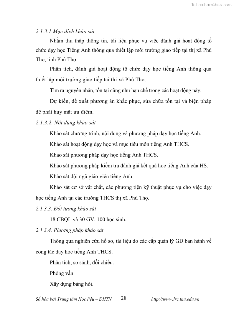 Luận văn thạc sĩ khoa học giáo dục Tổ chức dạy học tiếng Anh thông qua thiết lập môi trường giao tiếp tại các trường trung học cơ sở thị xã Phú Thọ, tỉnh Phú Thọ - 4 Trang 38