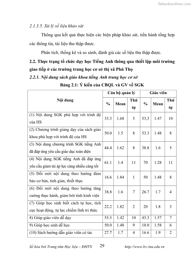 Luận văn thạc sĩ khoa học giáo dục Tổ chức dạy học tiếng Anh thông qua thiết lập môi trường giao tiếp tại các trường trung học cơ sở thị xã Phú Thọ, tỉnh Phú Thọ - 4 Trang 39