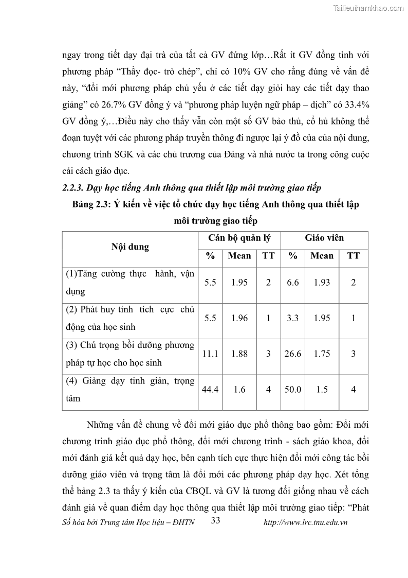 Luận văn thạc sĩ khoa học giáo dục Tổ chức dạy học tiếng Anh thông qua thiết lập môi trường giao tiếp tại các trường trung học cơ sở thị xã Phú Thọ, tỉnh Phú Thọ - 4 Trang 43