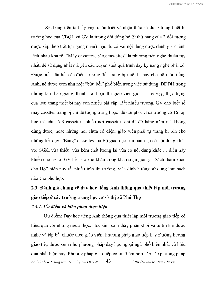 Luận văn thạc sĩ khoa học giáo dục Tổ chức dạy học tiếng Anh thông qua thiết lập môi trường giao tiếp tại các trường trung học cơ sở thị xã Phú Thọ, tỉnh Phú Thọ - 5 Trang 53