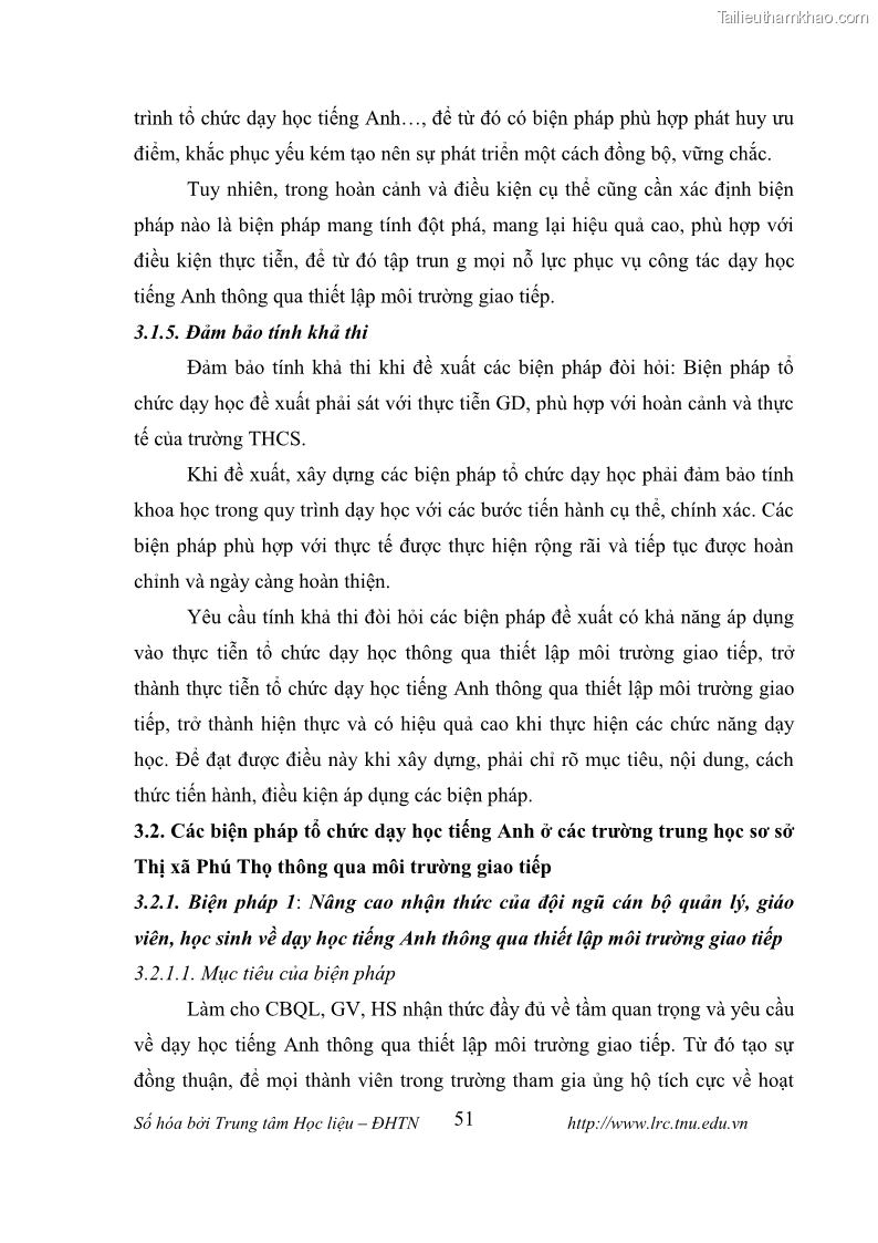 Luận văn thạc sĩ khoa học giáo dục Tổ chức dạy học tiếng Anh thông qua thiết lập môi trường giao tiếp tại các trường trung học cơ sở thị xã Phú Thọ, tỉnh Phú Thọ - 6 Trang 61