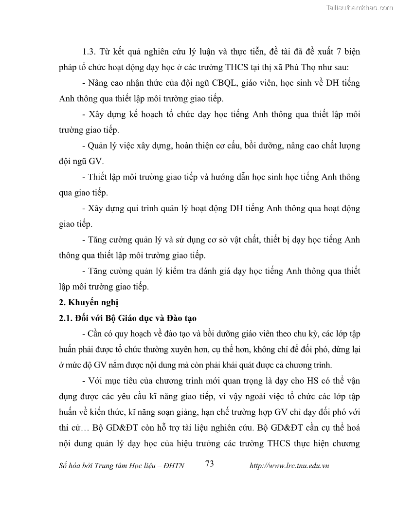 Luận văn thạc sĩ khoa học giáo dục Tổ chức dạy học tiếng Anh thông qua thiết lập môi trường giao tiếp tại các trường trung học cơ sở thị xã Phú Thọ, tỉnh Phú Thọ - 7 Trang 83