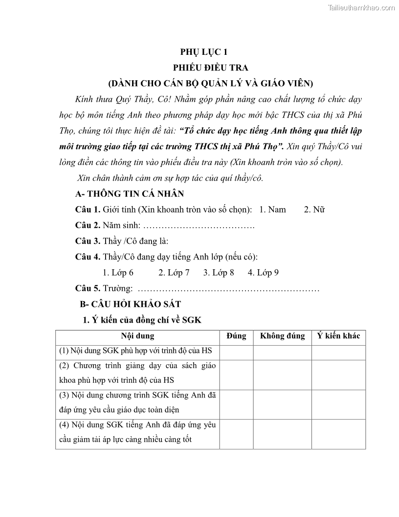 Luận văn thạc sĩ khoa học giáo dục Tổ chức dạy học tiếng Anh thông qua thiết lập môi trường giao tiếp tại các trường trung học cơ sở thị xã Phú Thọ, tỉnh Phú Thọ - 8 Trang 88