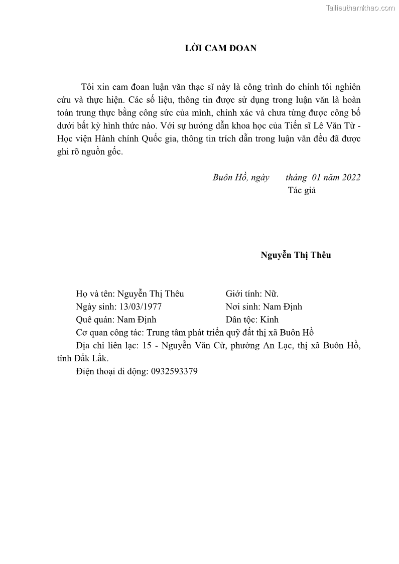 Luận văn thạc sĩ quản lý công Quản lý nhà nước về bồi thường, hỗ trợ và tái định cư khi Nhà nước thu hồi đất trên địa bàn thị xã Buôn Hồ, tỉnh Đắk Lắk - 1 Trang 2
