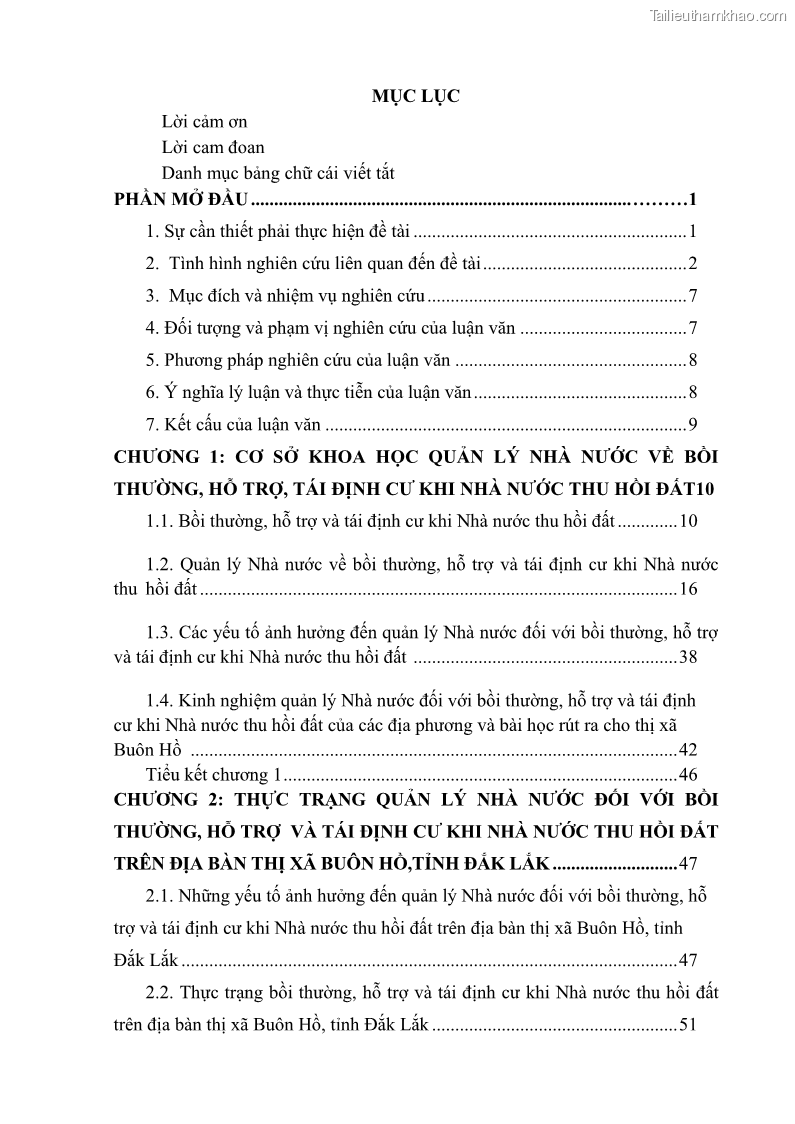 Luận văn thạc sĩ quản lý công Quản lý nhà nước về bồi thường, hỗ trợ và tái định cư khi Nhà nước thu hồi đất trên địa bàn thị xã Buôn Hồ, tỉnh Đắk Lắk - 1 Trang 4