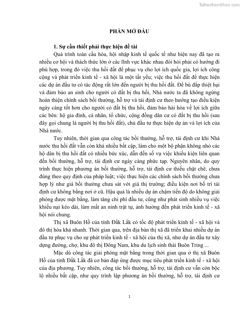 Luận văn thạc sĩ quản lý công Quản lý nhà nước về bồi thường, hỗ trợ và tái định cư khi Nhà nước thu hồi đất trên địa bàn thị xã Buôn Hồ, tỉnh Đắk Lắk - 1 Trang 8