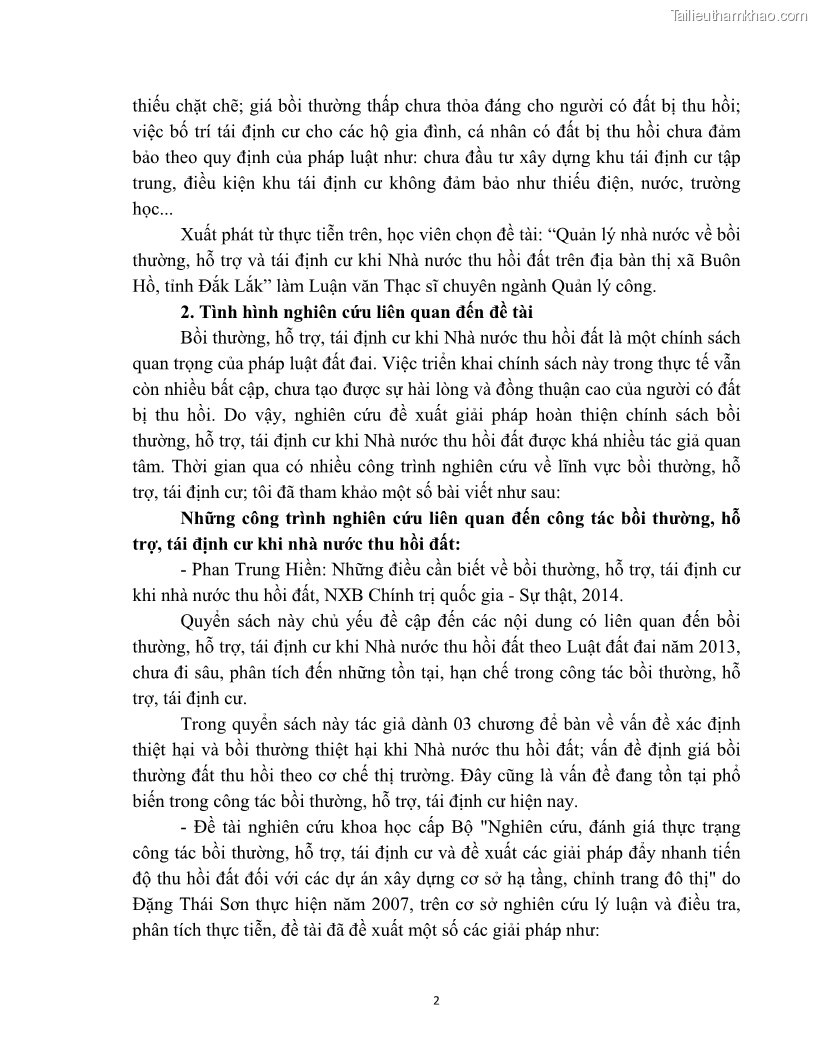 Luận văn thạc sĩ quản lý công Quản lý nhà nước về bồi thường, hỗ trợ và tái định cư khi Nhà nước thu hồi đất trên địa bàn thị xã Buôn Hồ, tỉnh Đắk Lắk - 1 Trang 9