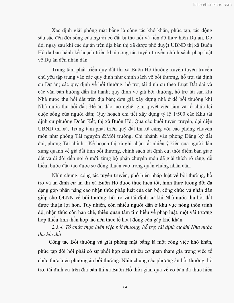 Luận văn thạc sĩ quản lý công Quản lý nhà nước về bồi thường, hỗ trợ và tái định cư khi Nhà nước thu hồi đất trên địa bàn thị xã Buôn Hồ, tỉnh Đắk Lắk - 6 Trang 71