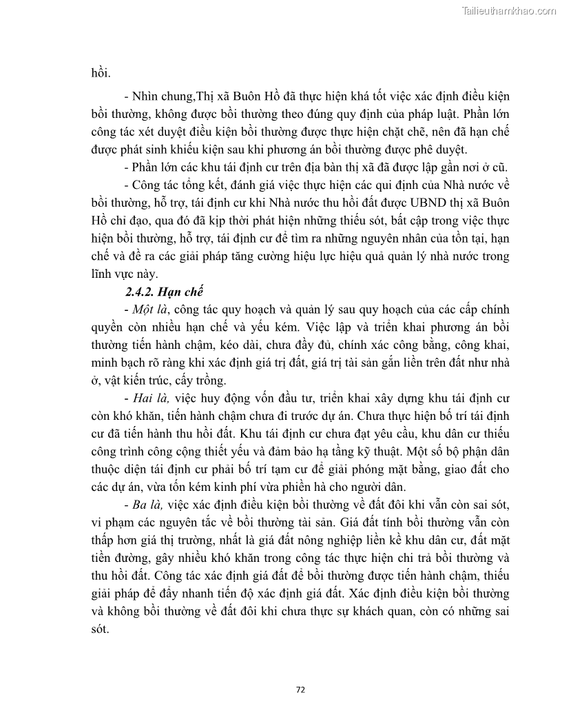 Luận văn thạc sĩ quản lý công Quản lý nhà nước về bồi thường, hỗ trợ và tái định cư khi Nhà nước thu hồi đất trên địa bàn thị xã Buôn Hồ, tỉnh Đắk Lắk - 7 Trang 79