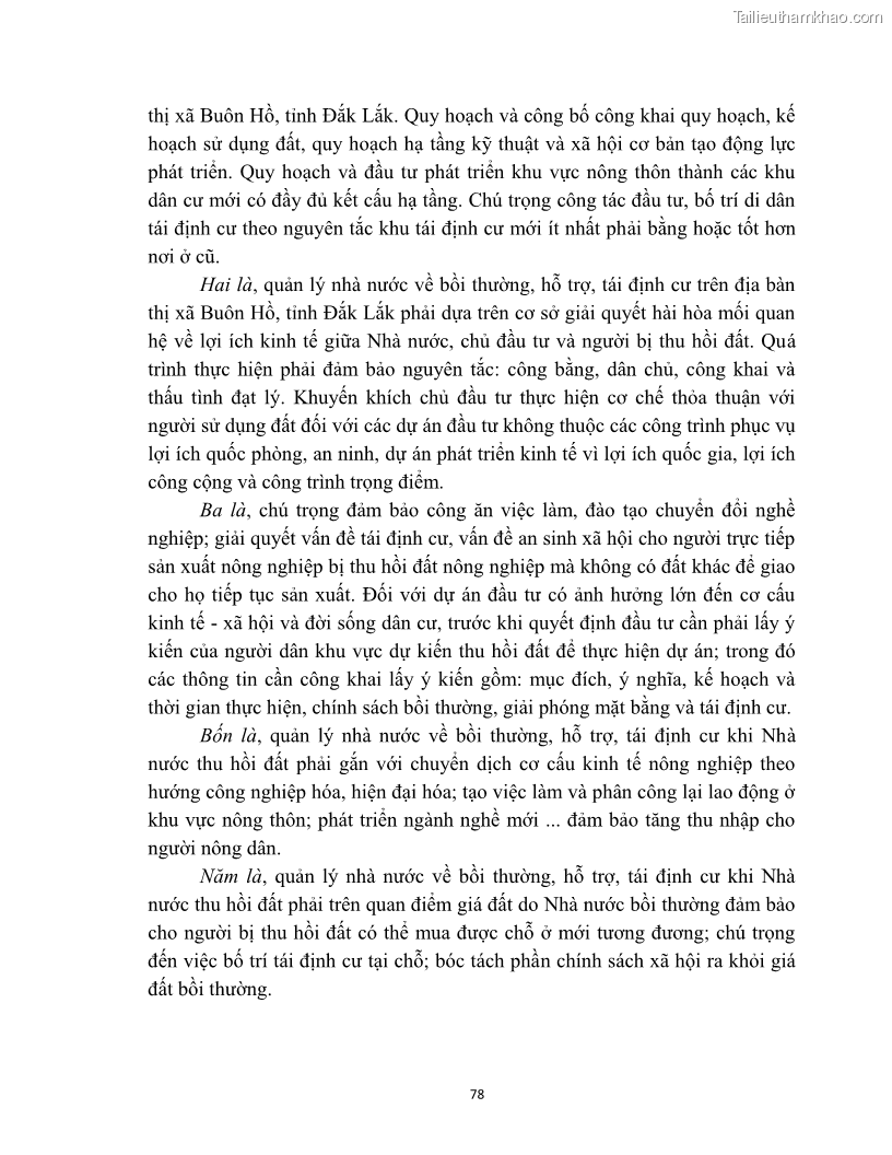 Luận văn thạc sĩ quản lý công Quản lý nhà nước về bồi thường, hỗ trợ và tái định cư khi Nhà nước thu hồi đất trên địa bàn thị xã Buôn Hồ, tỉnh Đắk Lắk - 8 Trang 85