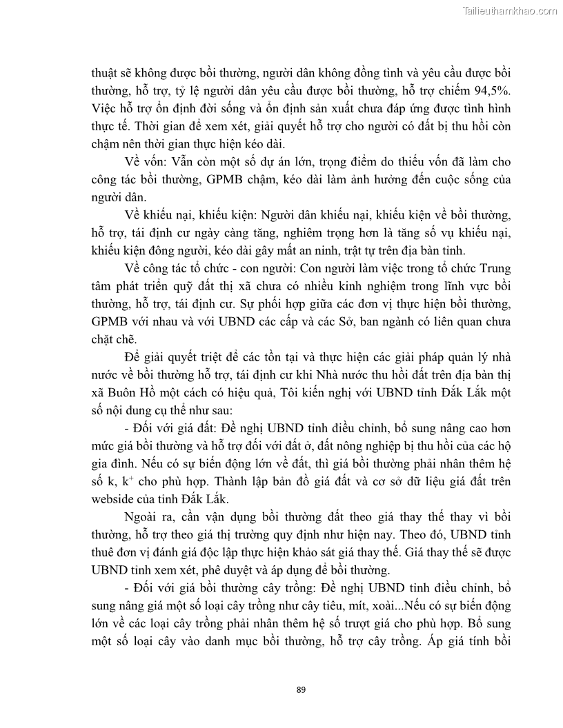 Luận văn thạc sĩ quản lý công Quản lý nhà nước về bồi thường, hỗ trợ và tái định cư khi Nhà nước thu hồi đất trên địa bàn thị xã Buôn Hồ, tỉnh Đắk Lắk - 8 Trang 96