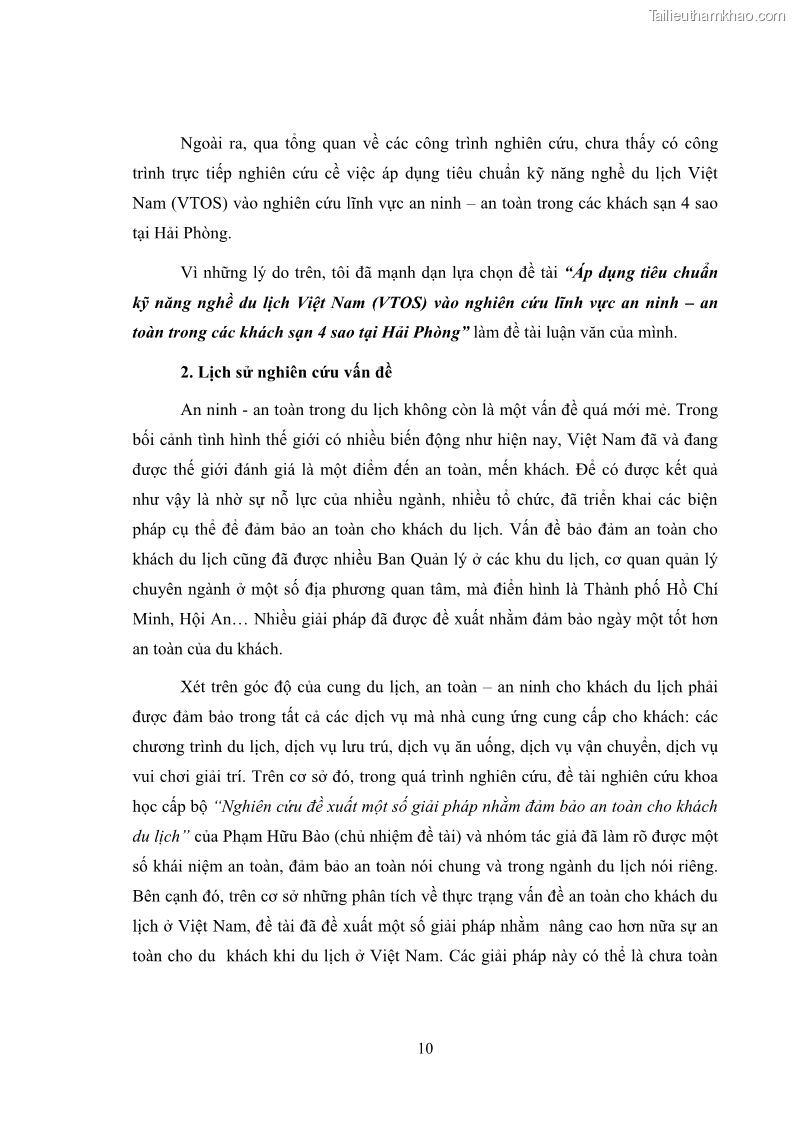 Luận văn thạc sĩ du lịch Áp dụng tiêu chuẩn kỹ năng nghề du lịch Việt Nam VTOS vào nghiên cứu lĩnh vực an ninh – an toàn trong các khách sạn 4 sao tại Hải Phòng - 1 Trang 10