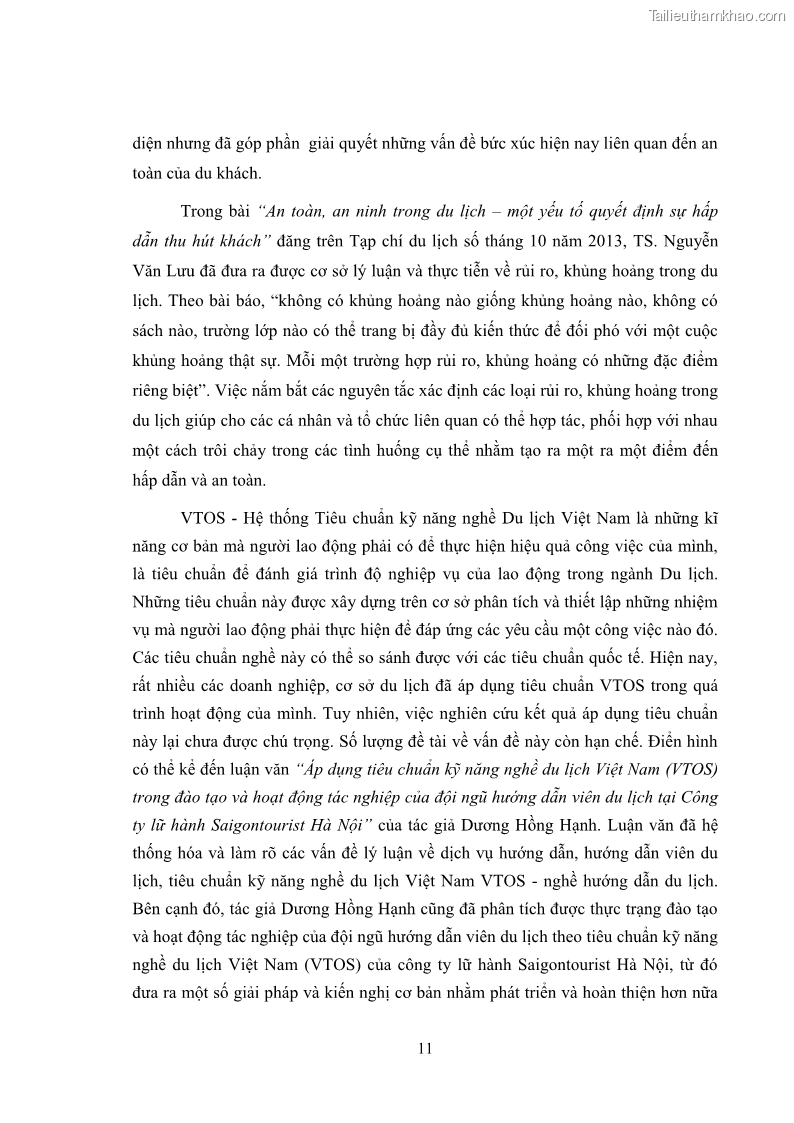 Luận văn thạc sĩ du lịch Áp dụng tiêu chuẩn kỹ năng nghề du lịch Việt Nam VTOS vào nghiên cứu lĩnh vực an ninh – an toàn trong các khách sạn 4 sao tại Hải Phòng - 1 Trang 11