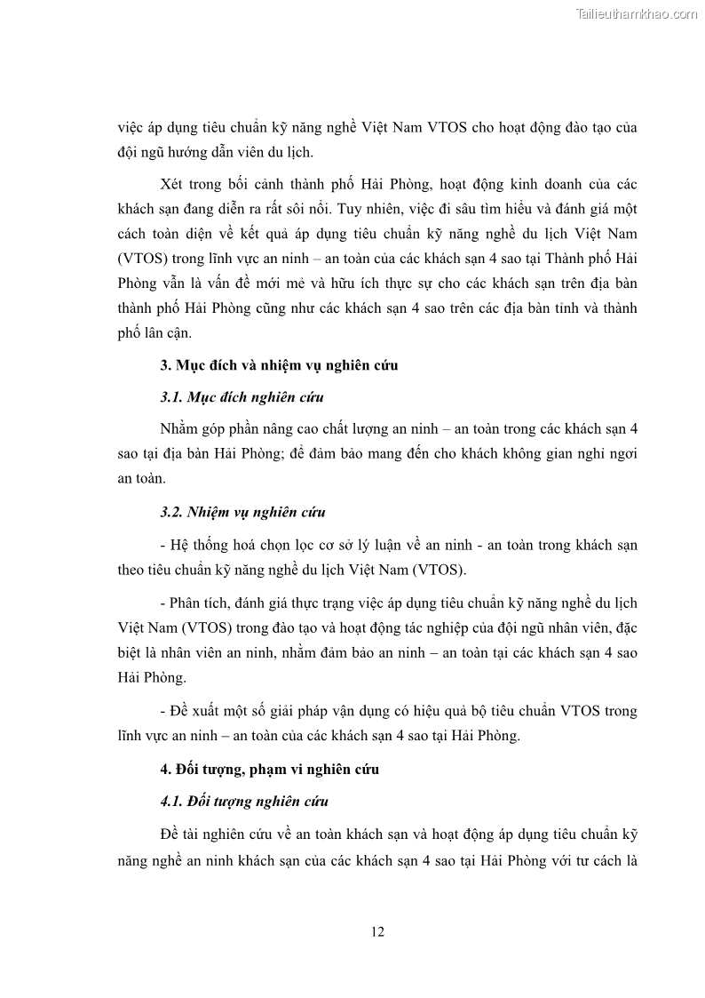 Luận văn thạc sĩ du lịch Áp dụng tiêu chuẩn kỹ năng nghề du lịch Việt Nam VTOS vào nghiên cứu lĩnh vực an ninh – an toàn trong các khách sạn 4 sao tại Hải Phòng - 1 Trang 12