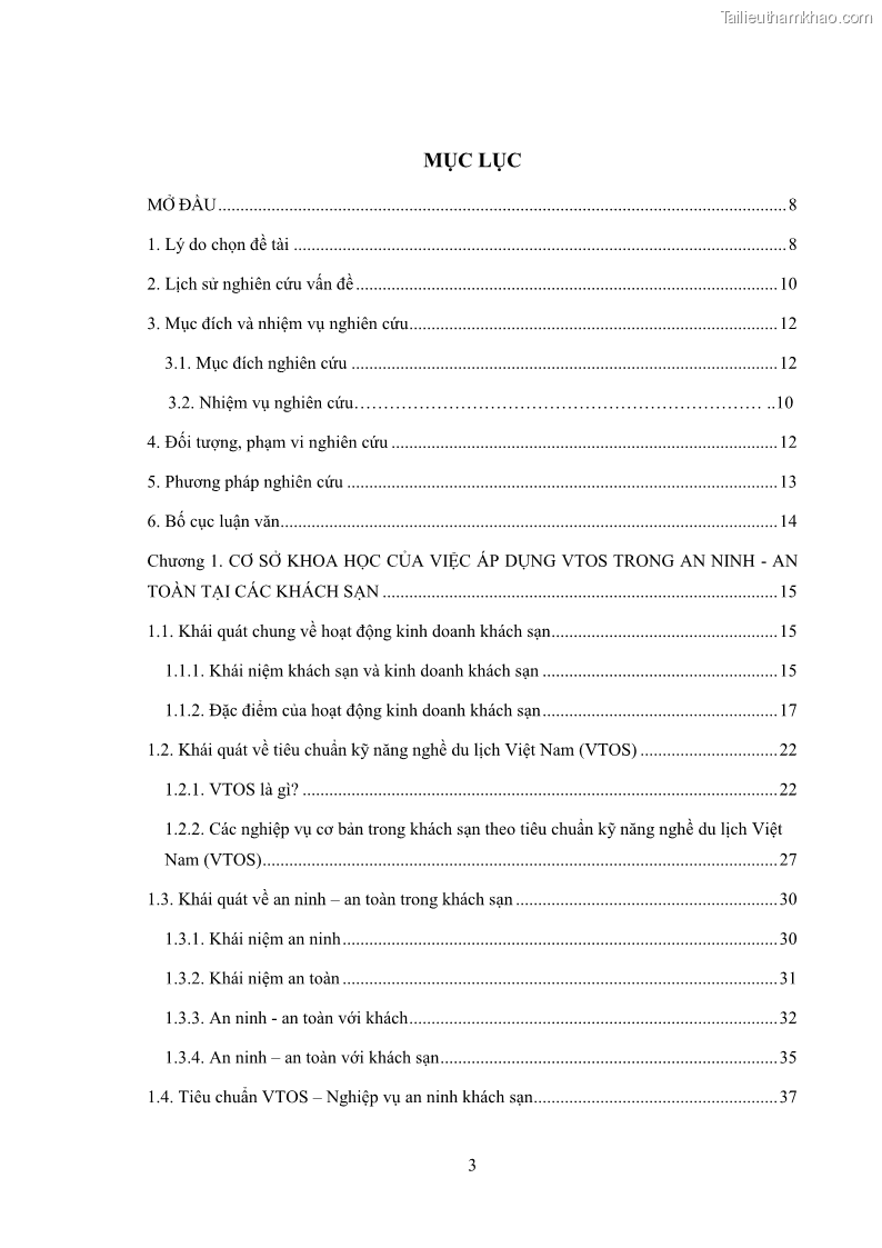 Luận văn thạc sĩ du lịch Áp dụng tiêu chuẩn kỹ năng nghề du lịch Việt Nam VTOS vào nghiên cứu lĩnh vực an ninh – an toàn trong các khách sạn 4 sao tại Hải Phòng - 1 Trang 3