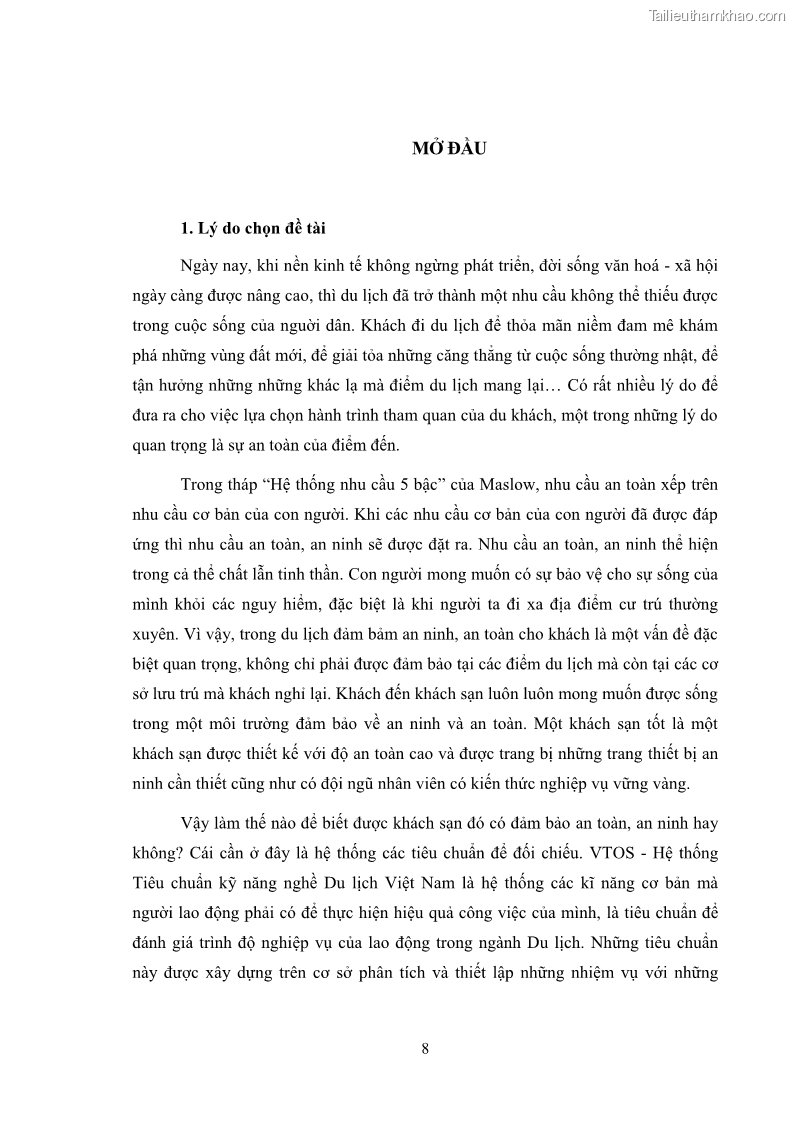 Luận văn thạc sĩ du lịch Áp dụng tiêu chuẩn kỹ năng nghề du lịch Việt Nam VTOS vào nghiên cứu lĩnh vực an ninh – an toàn trong các khách sạn 4 sao tại Hải Phòng - 1 Trang 8