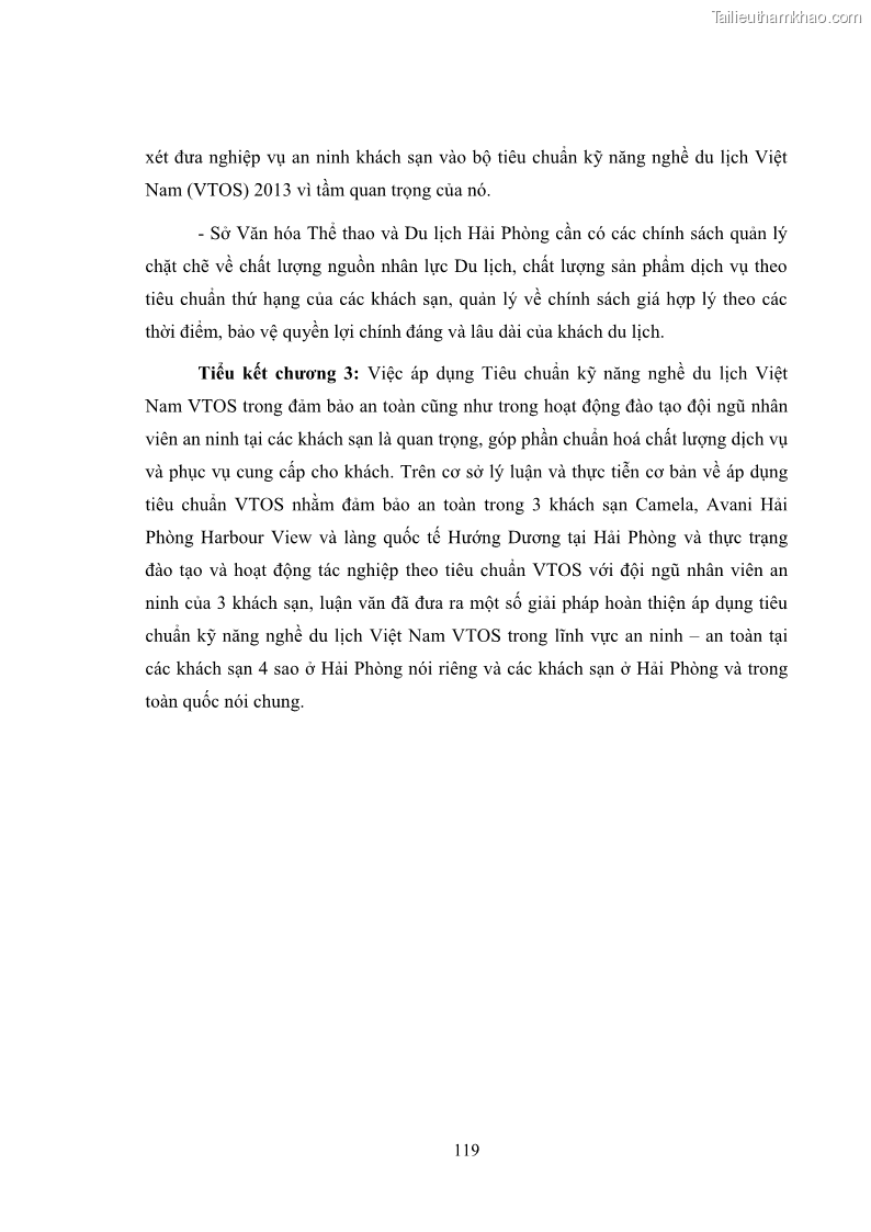Luận văn thạc sĩ du lịch Áp dụng tiêu chuẩn kỹ năng nghề du lịch Việt Nam VTOS vào nghiên cứu lĩnh vực an ninh – an toàn trong các khách sạn 4 sao tại Hải Phòng - 10 Trang 119
