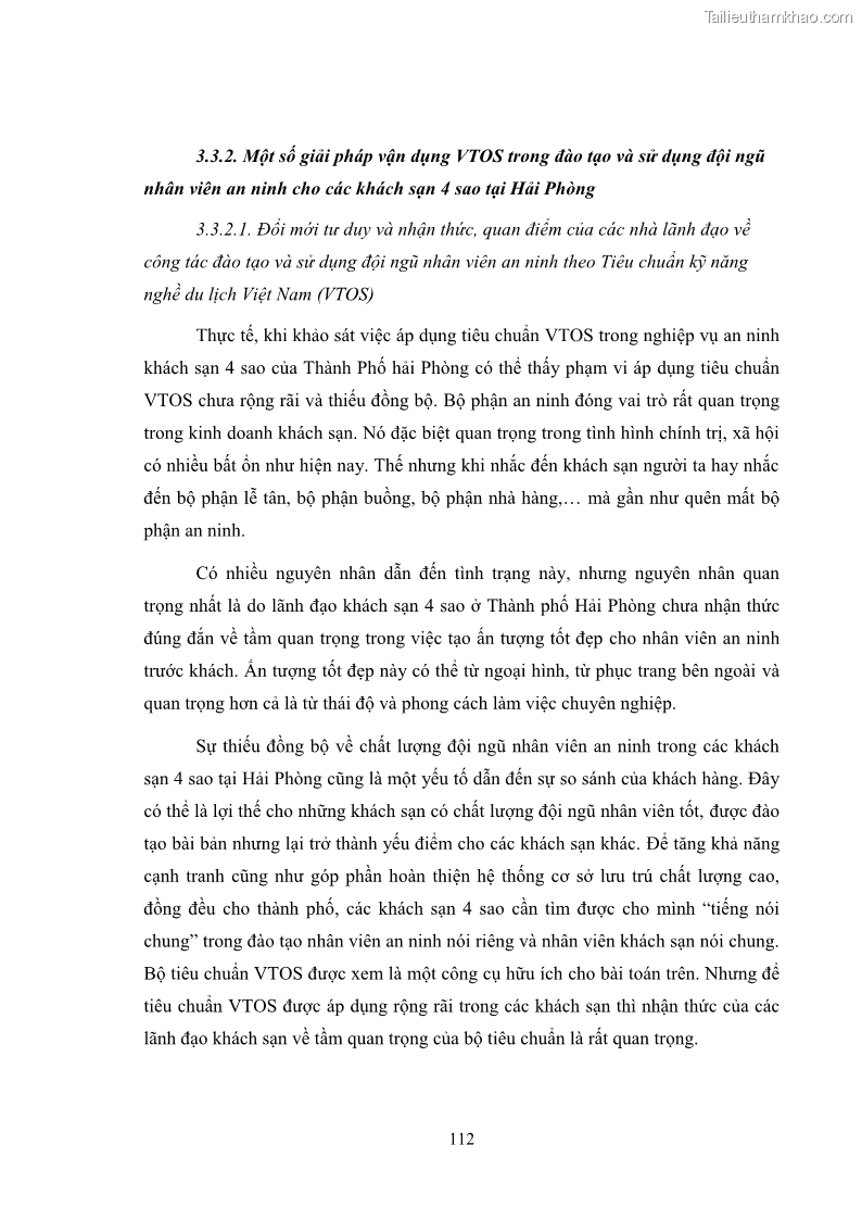 Luận văn thạc sĩ du lịch Áp dụng tiêu chuẩn kỹ năng nghề du lịch Việt Nam VTOS vào nghiên cứu lĩnh vực an ninh – an toàn trong các khách sạn 4 sao tại Hải Phòng - 10 Trang 112