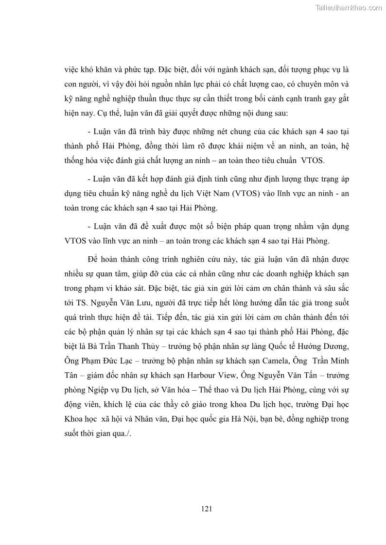 Luận văn thạc sĩ du lịch Áp dụng tiêu chuẩn kỹ năng nghề du lịch Việt Nam VTOS vào nghiên cứu lĩnh vực an ninh – an toàn trong các khách sạn 4 sao tại Hải Phòng - 11 Trang 121