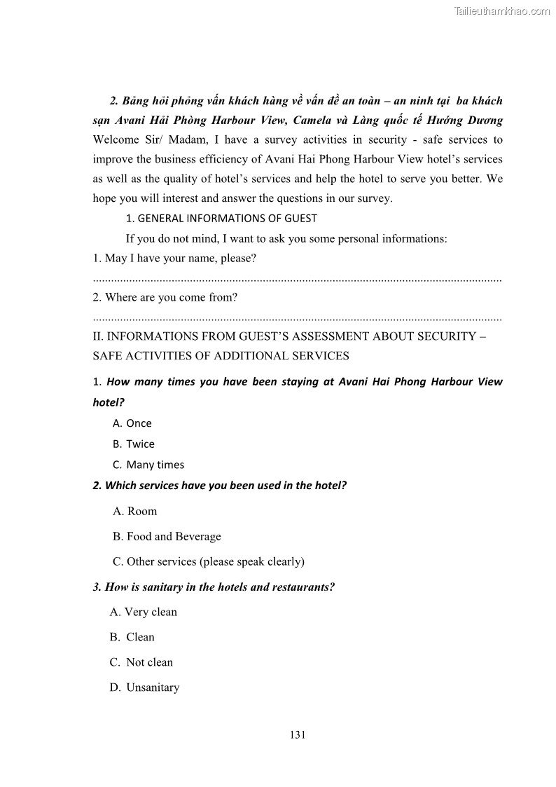 Luận văn thạc sĩ du lịch Áp dụng tiêu chuẩn kỹ năng nghề du lịch Việt Nam VTOS vào nghiên cứu lĩnh vực an ninh – an toàn trong các khách sạn 4 sao tại Hải Phòng - 11 Trang 131