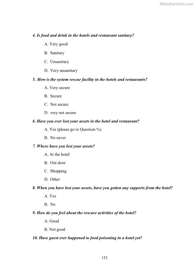 Luận văn thạc sĩ du lịch Áp dụng tiêu chuẩn kỹ năng nghề du lịch Việt Nam VTOS vào nghiên cứu lĩnh vực an ninh – an toàn trong các khách sạn 4 sao tại Hải Phòng - 11 Trang 132