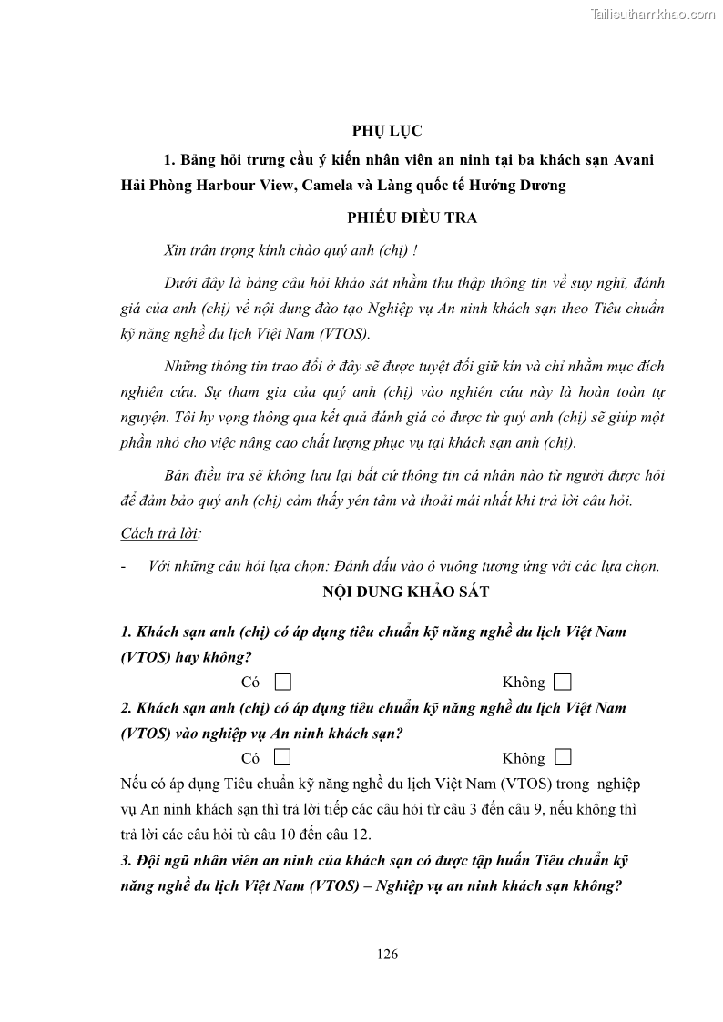 Luận văn thạc sĩ du lịch Áp dụng tiêu chuẩn kỹ năng nghề du lịch Việt Nam VTOS vào nghiên cứu lĩnh vực an ninh – an toàn trong các khách sạn 4 sao tại Hải Phòng - 11 Trang 126