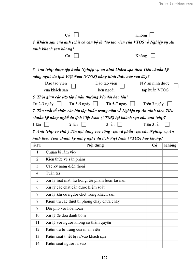 Luận văn thạc sĩ du lịch Áp dụng tiêu chuẩn kỹ năng nghề du lịch Việt Nam VTOS vào nghiên cứu lĩnh vực an ninh – an toàn trong các khách sạn 4 sao tại Hải Phòng - 11 Trang 127