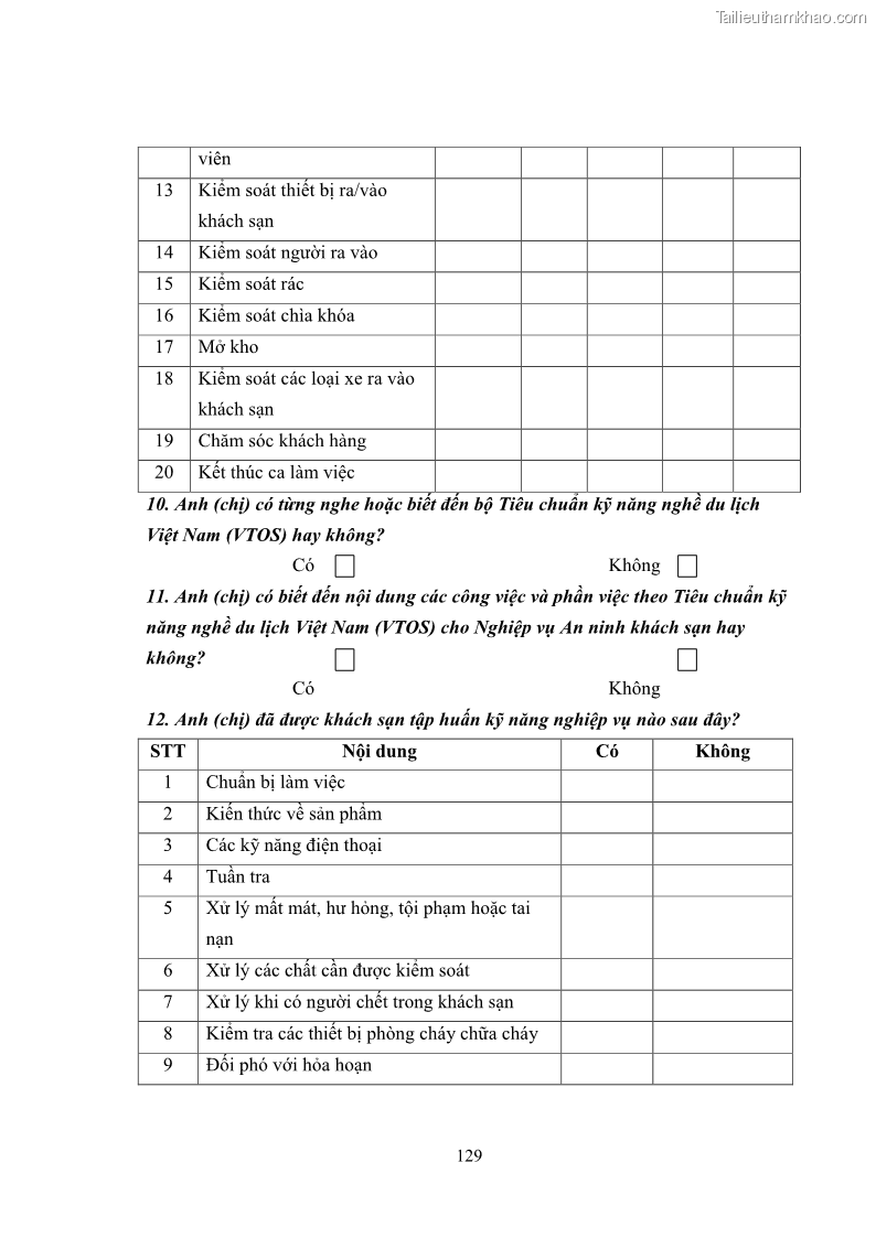 Luận văn thạc sĩ du lịch Áp dụng tiêu chuẩn kỹ năng nghề du lịch Việt Nam VTOS vào nghiên cứu lĩnh vực an ninh – an toàn trong các khách sạn 4 sao tại Hải Phòng - 11 Trang 129