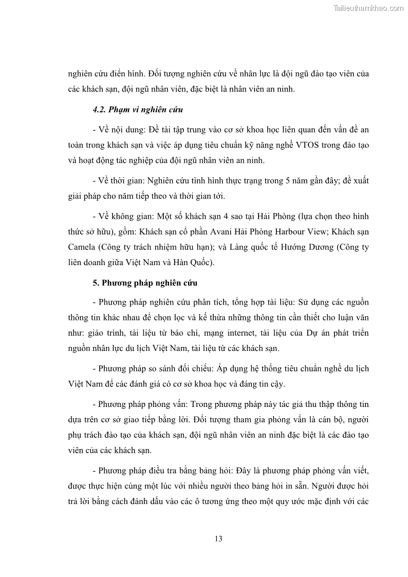Luận văn thạc sĩ du lịch Áp dụng tiêu chuẩn kỹ năng nghề du lịch Việt Nam VTOS vào nghiên cứu lĩnh vực an ninh – an toàn trong các khách sạn 4 sao tại Hải Phòng - 2 Trang 13