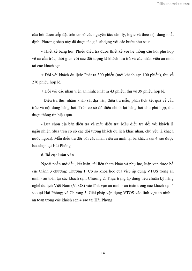Luận văn thạc sĩ du lịch Áp dụng tiêu chuẩn kỹ năng nghề du lịch Việt Nam VTOS vào nghiên cứu lĩnh vực an ninh – an toàn trong các khách sạn 4 sao tại Hải Phòng - 2 Trang 14