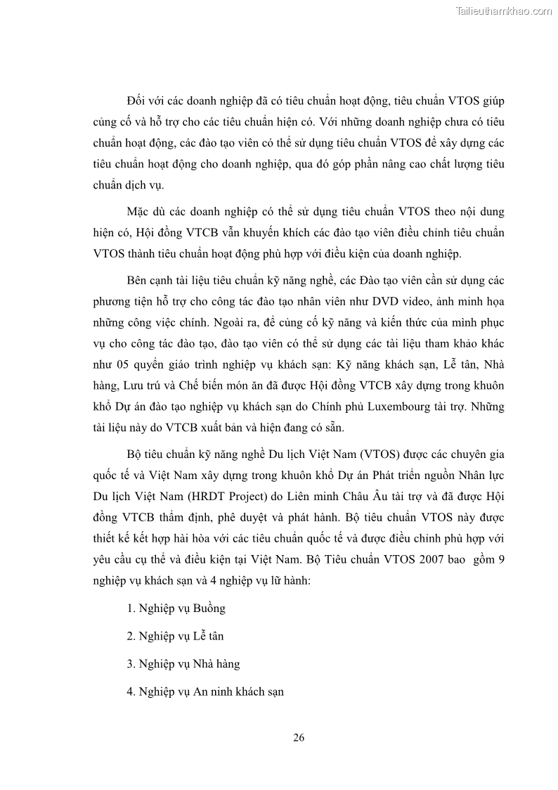Luận văn thạc sĩ du lịch Áp dụng tiêu chuẩn kỹ năng nghề du lịch Việt Nam VTOS vào nghiên cứu lĩnh vực an ninh – an toàn trong các khách sạn 4 sao tại Hải Phòng - 3 Trang 26