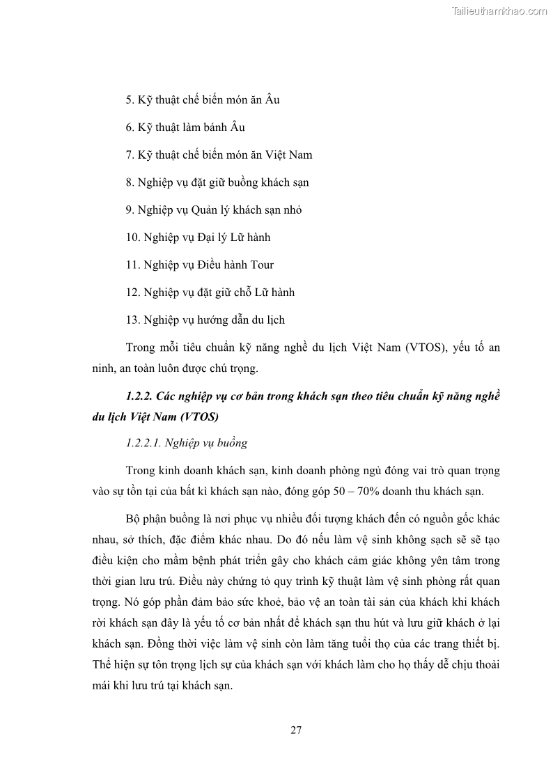 Luận văn thạc sĩ du lịch Áp dụng tiêu chuẩn kỹ năng nghề du lịch Việt Nam VTOS vào nghiên cứu lĩnh vực an ninh – an toàn trong các khách sạn 4 sao tại Hải Phòng - 3 Trang 27