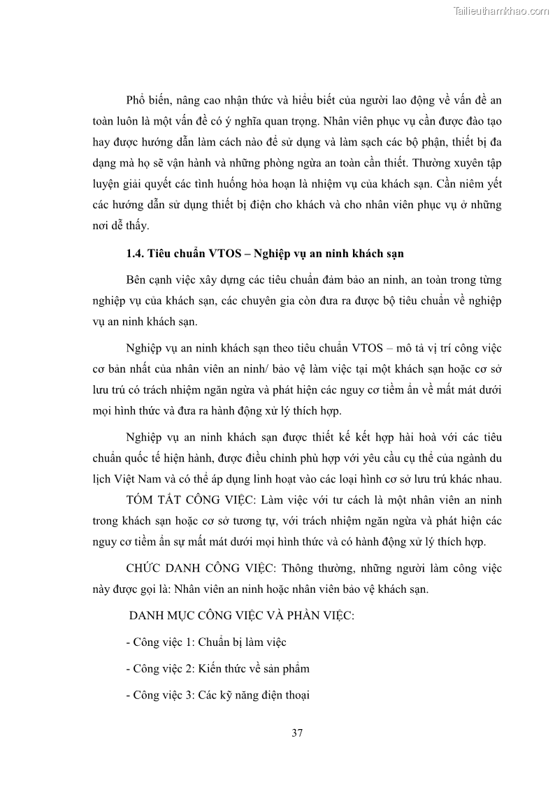 Luận văn thạc sĩ du lịch Áp dụng tiêu chuẩn kỹ năng nghề du lịch Việt Nam VTOS vào nghiên cứu lĩnh vực an ninh – an toàn trong các khách sạn 4 sao tại Hải Phòng - 4 Trang 37