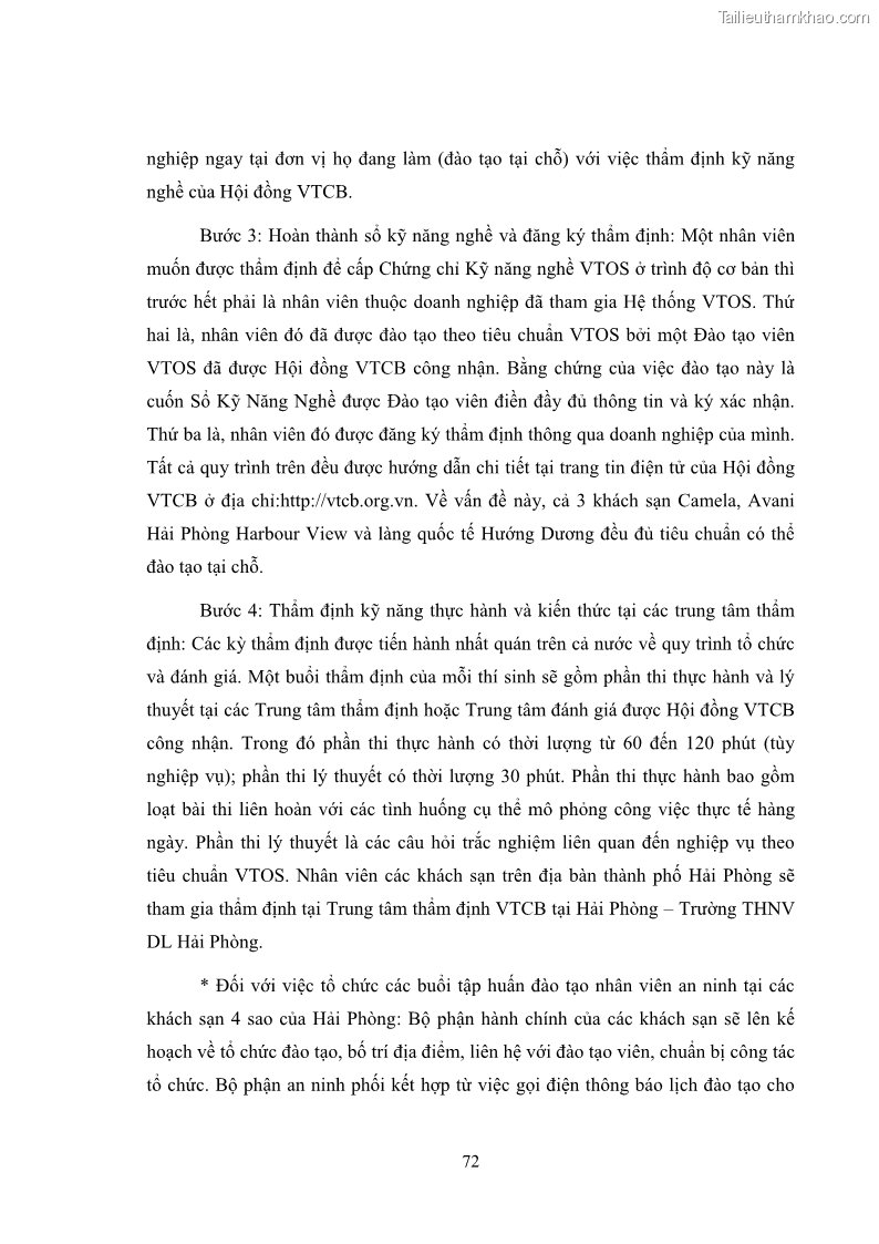 Luận văn thạc sĩ du lịch Áp dụng tiêu chuẩn kỹ năng nghề du lịch Việt Nam VTOS vào nghiên cứu lĩnh vực an ninh – an toàn trong các khách sạn 4 sao tại Hải Phòng - 6 Trang 72