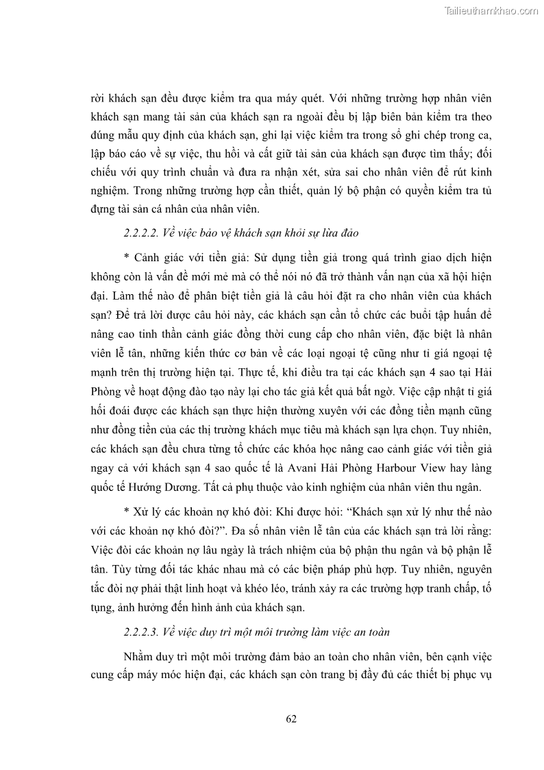 Luận văn thạc sĩ du lịch Áp dụng tiêu chuẩn kỹ năng nghề du lịch Việt Nam VTOS vào nghiên cứu lĩnh vực an ninh – an toàn trong các khách sạn 4 sao tại Hải Phòng - 6 Trang 62