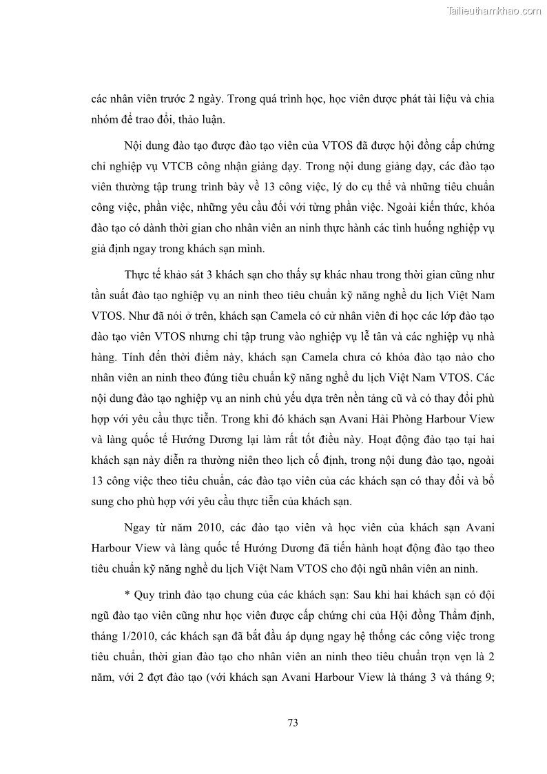 Luận văn thạc sĩ du lịch Áp dụng tiêu chuẩn kỹ năng nghề du lịch Việt Nam VTOS vào nghiên cứu lĩnh vực an ninh – an toàn trong các khách sạn 4 sao tại Hải Phòng - 7 Trang 73
