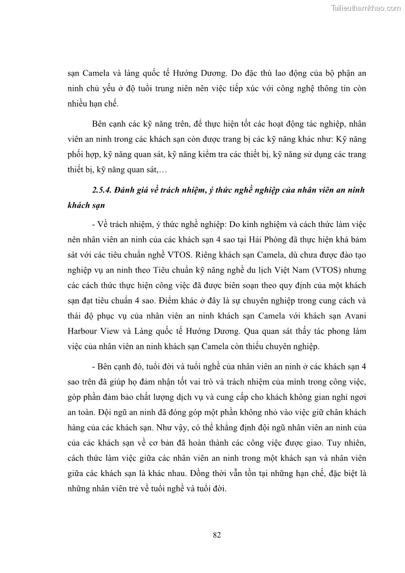 Luận văn thạc sĩ du lịch Áp dụng tiêu chuẩn kỹ năng nghề du lịch Việt Nam VTOS vào nghiên cứu lĩnh vực an ninh – an toàn trong các khách sạn 4 sao tại Hải Phòng - 7 Trang 82