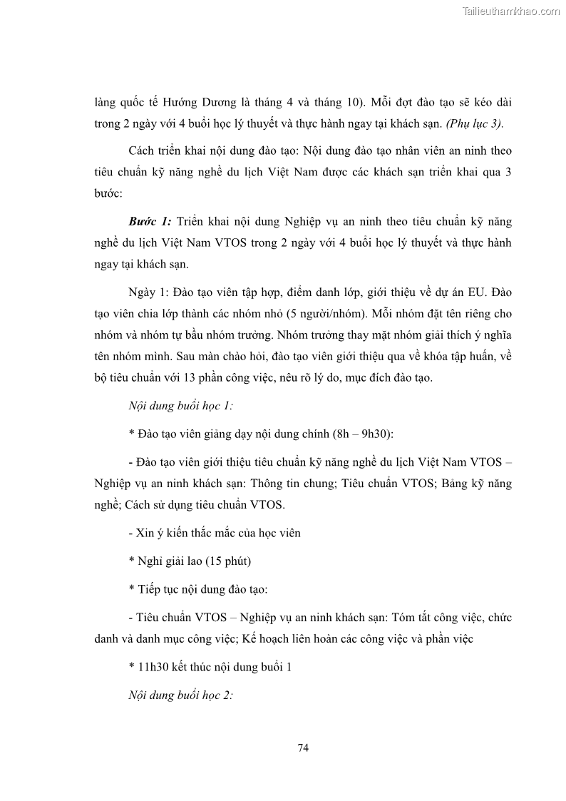 Luận văn thạc sĩ du lịch Áp dụng tiêu chuẩn kỹ năng nghề du lịch Việt Nam VTOS vào nghiên cứu lĩnh vực an ninh – an toàn trong các khách sạn 4 sao tại Hải Phòng - 7 Trang 74