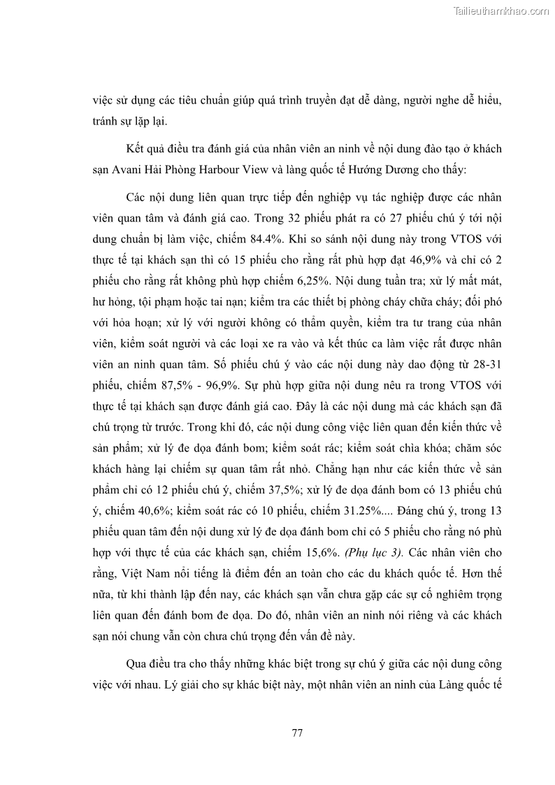 Luận văn thạc sĩ du lịch Áp dụng tiêu chuẩn kỹ năng nghề du lịch Việt Nam VTOS vào nghiên cứu lĩnh vực an ninh – an toàn trong các khách sạn 4 sao tại Hải Phòng - 7 Trang 77