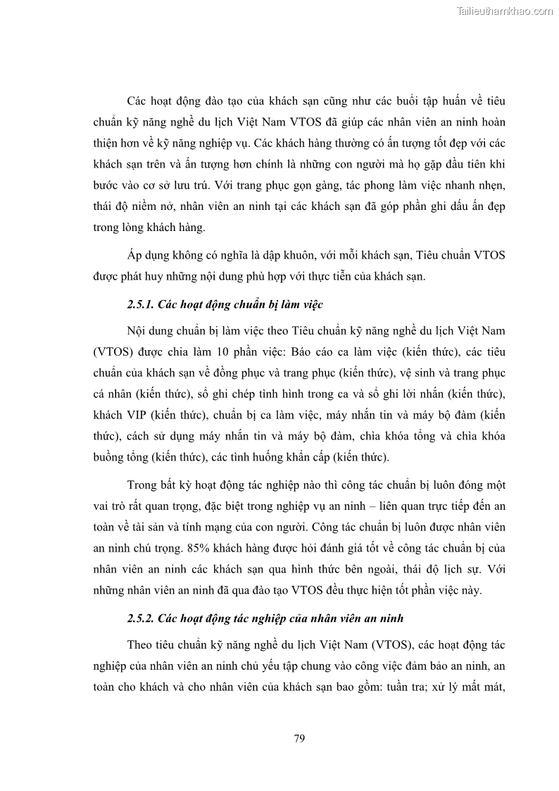 Luận văn thạc sĩ du lịch Áp dụng tiêu chuẩn kỹ năng nghề du lịch Việt Nam VTOS vào nghiên cứu lĩnh vực an ninh – an toàn trong các khách sạn 4 sao tại Hải Phòng - 7 Trang 79