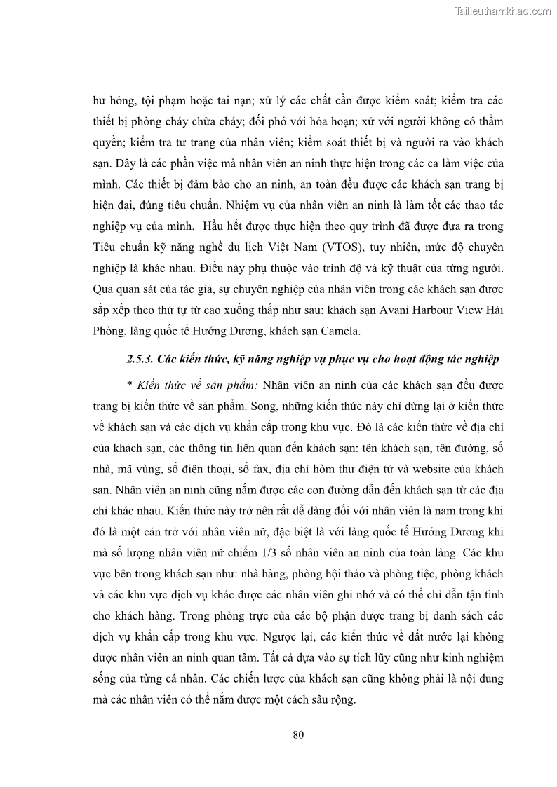 Luận văn thạc sĩ du lịch Áp dụng tiêu chuẩn kỹ năng nghề du lịch Việt Nam VTOS vào nghiên cứu lĩnh vực an ninh – an toàn trong các khách sạn 4 sao tại Hải Phòng - 7 Trang 80
