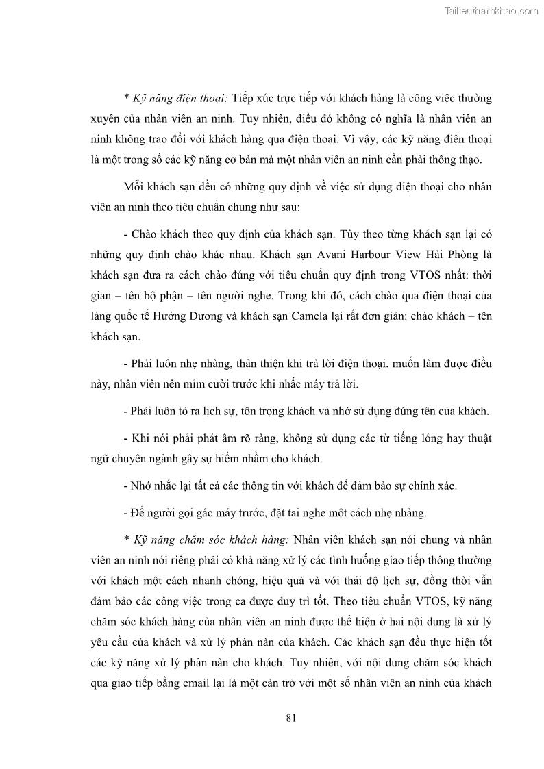 Luận văn thạc sĩ du lịch Áp dụng tiêu chuẩn kỹ năng nghề du lịch Việt Nam VTOS vào nghiên cứu lĩnh vực an ninh – an toàn trong các khách sạn 4 sao tại Hải Phòng - 7 Trang 81