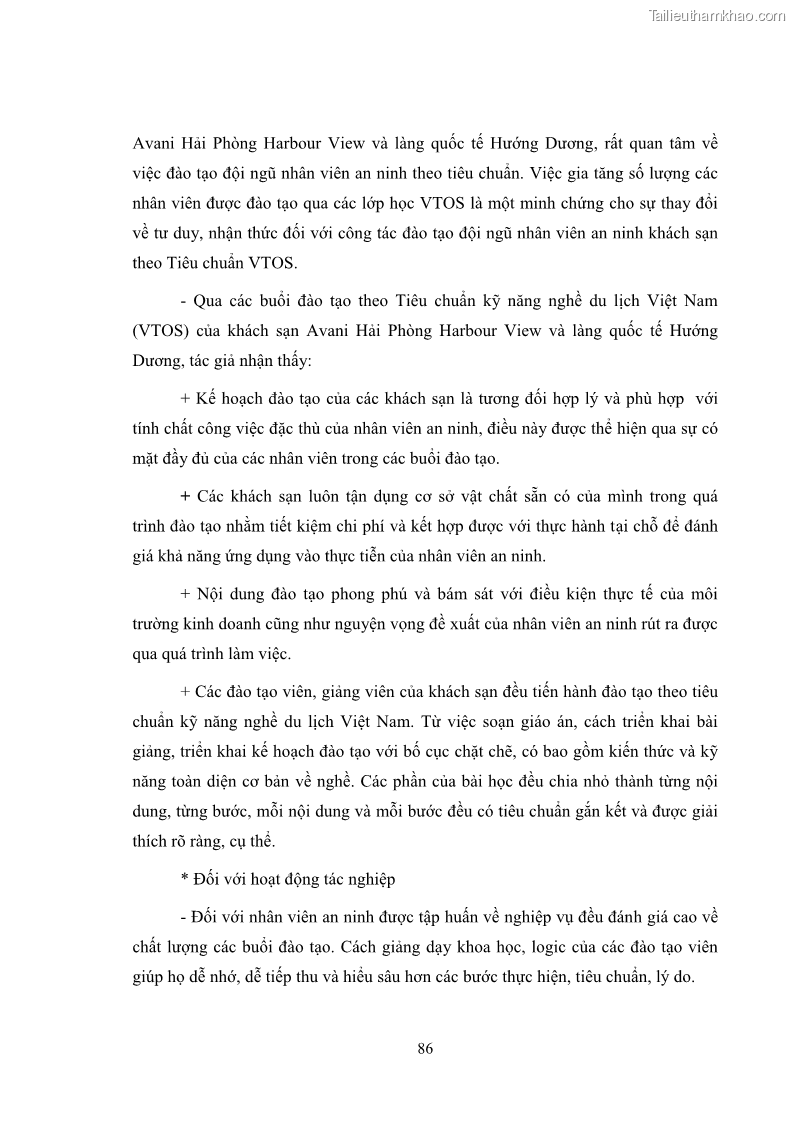 Luận văn thạc sĩ du lịch Áp dụng tiêu chuẩn kỹ năng nghề du lịch Việt Nam VTOS vào nghiên cứu lĩnh vực an ninh – an toàn trong các khách sạn 4 sao tại Hải Phòng - 8 Trang 86