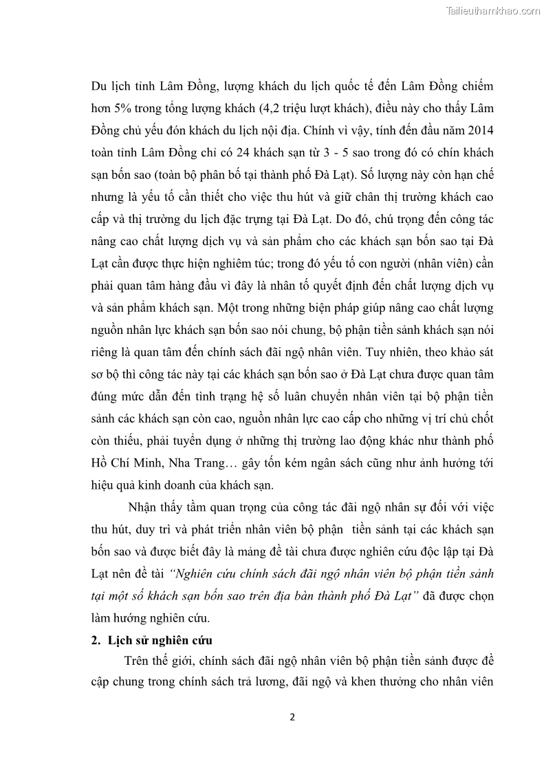 Luận văn thạc sĩ du lịch Nghiên cứu chính sách đãi ngộ nhân viên bộ phận tiền sảnh tại một số khách sạn bốn sao trên địa bàn thành phố Đà Lạt - 1 Trang 11