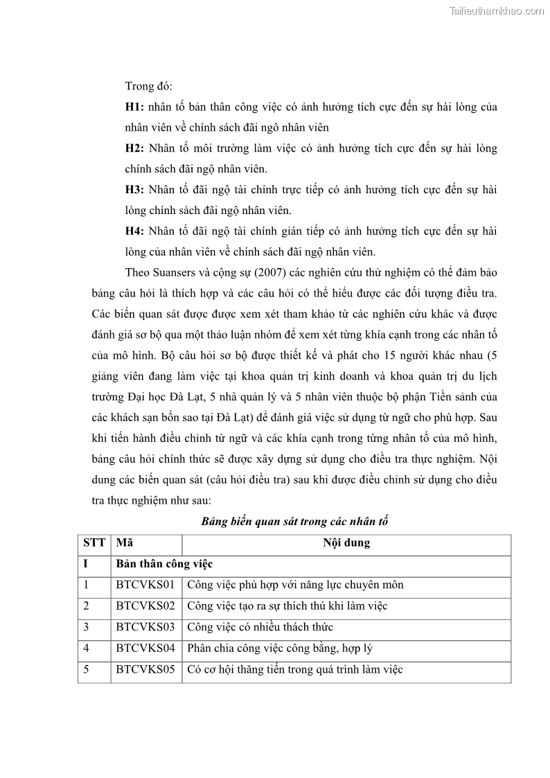 Luận văn thạc sĩ du lịch Nghiên cứu chính sách đãi ngộ nhân viên bộ phận tiền sảnh tại một số khách sạn bốn sao trên địa bàn thành phố Đà Lạt - 10 Trang 115