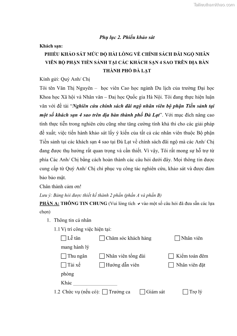 Luận văn thạc sĩ du lịch Nghiên cứu chính sách đãi ngộ nhân viên bộ phận tiền sảnh tại một số khách sạn bốn sao trên địa bàn thành phố Đà Lạt - 12 Trang 136