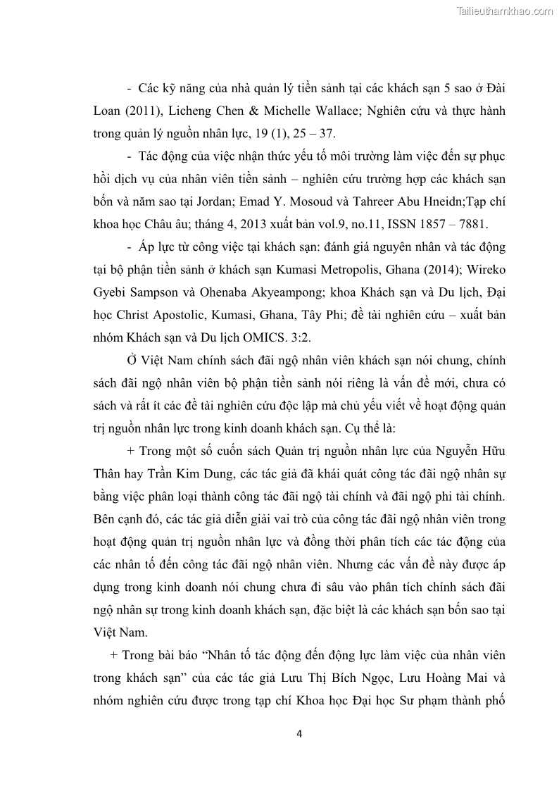 Luận văn thạc sĩ du lịch Nghiên cứu chính sách đãi ngộ nhân viên bộ phận tiền sảnh tại một số khách sạn bốn sao trên địa bàn thành phố Đà Lạt - 2 Trang 13