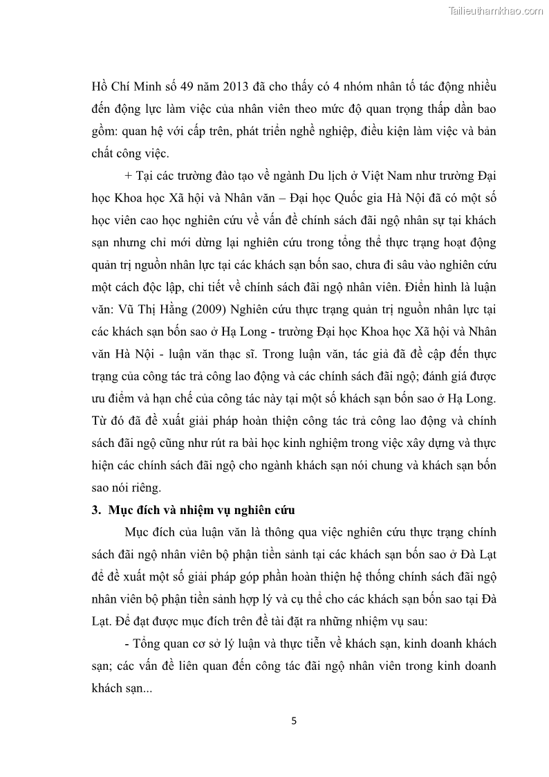 Luận văn thạc sĩ du lịch Nghiên cứu chính sách đãi ngộ nhân viên bộ phận tiền sảnh tại một số khách sạn bốn sao trên địa bàn thành phố Đà Lạt - 2 Trang 14