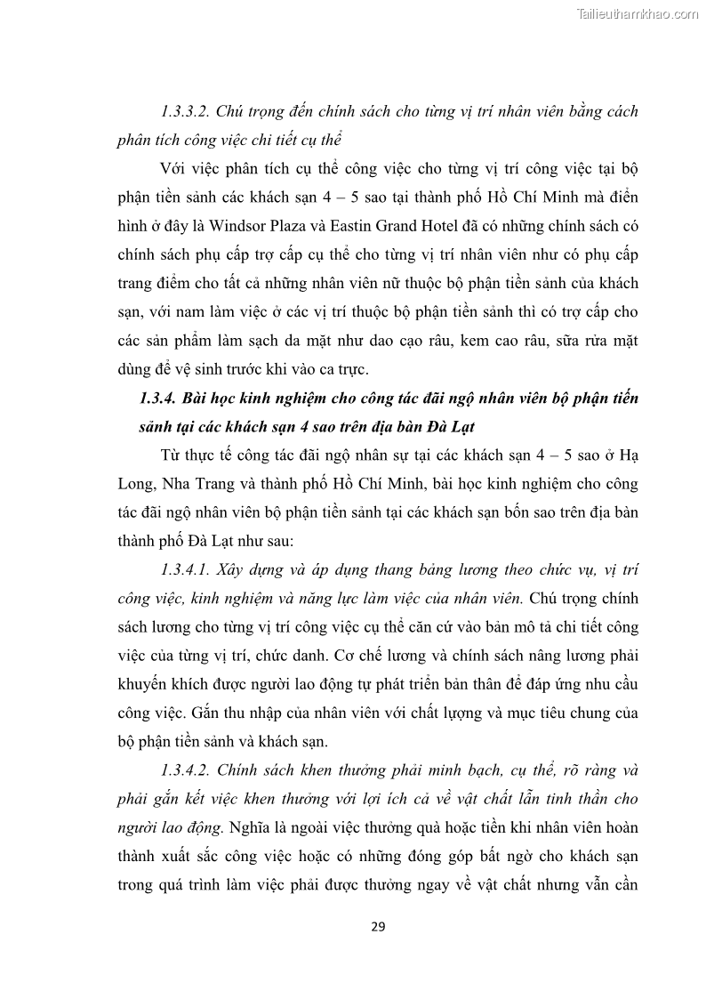Luận văn thạc sĩ du lịch Nghiên cứu chính sách đãi ngộ nhân viên bộ phận tiền sảnh tại một số khách sạn bốn sao trên địa bàn thành phố Đà Lạt - 4 Trang 38