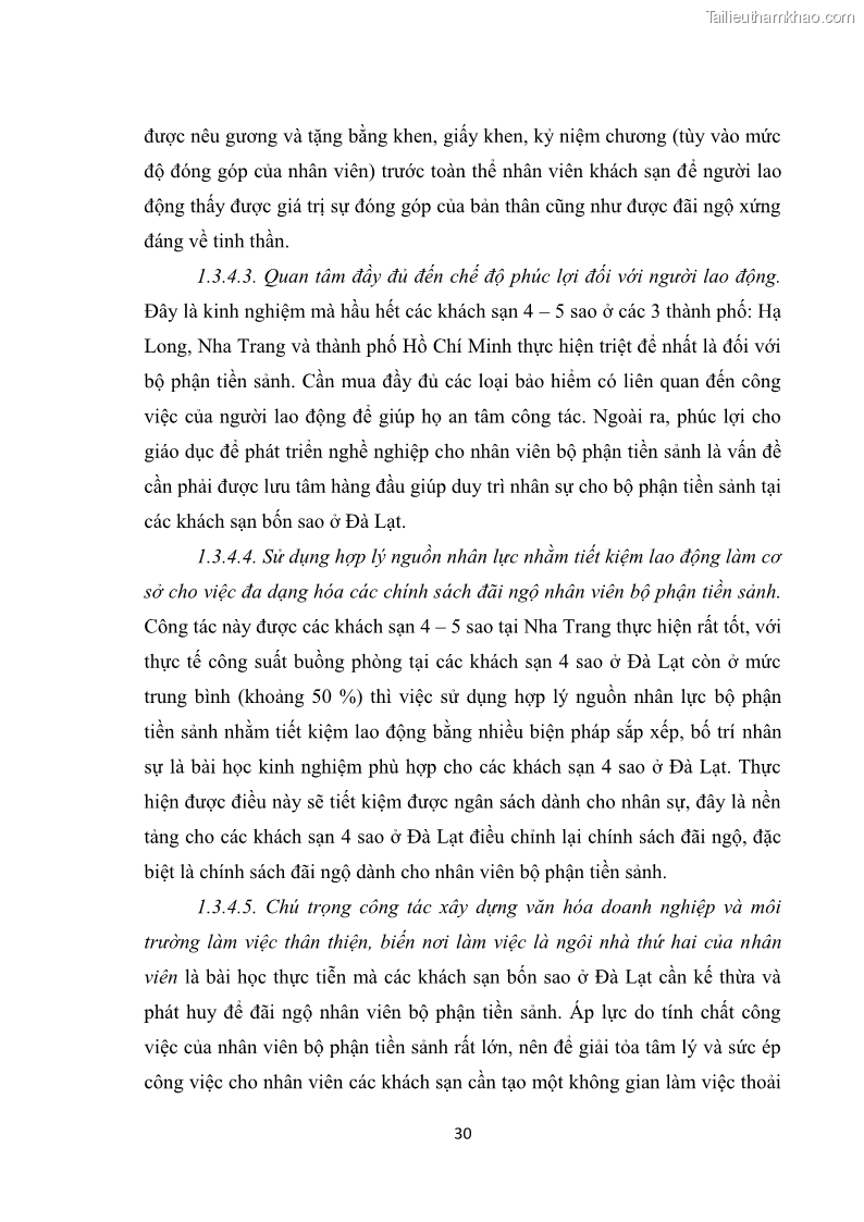 Luận văn thạc sĩ du lịch Nghiên cứu chính sách đãi ngộ nhân viên bộ phận tiền sảnh tại một số khách sạn bốn sao trên địa bàn thành phố Đà Lạt - 4 Trang 39